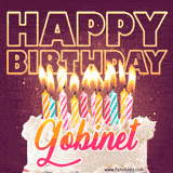A colorful birthday cake topped with lit candles, with the words 'Happy Birthday Gobinet' in bold glowing letters on a burgundy background. Animated flames add a festive touch.