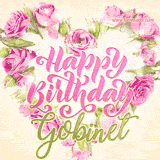 A stunning heart made of pink roses surrounds the elegant script text 'Happy Birthday Gobinet' on a soft beige background. Animated sparkles add a magical and festive feel.