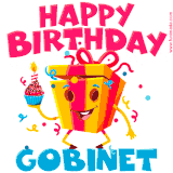 A vibrant and funny gift box character with a happy face dancing with a cupcake and the text 'Happy Birthday Gobinet,' surrounded by animated confetti and party vibes.