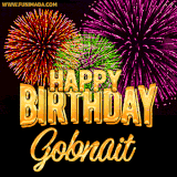 A golden 'Happy Birthday Gobnait' message with vibrant fireworks in the background, creating a festive and celebratory vibe in this animated name GIF.