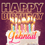 A colorful birthday cake topped with lit candles, with the words 'Happy Birthday Gobnait' in bold glowing letters on a burgundy background. Animated flames add a festive touch.