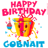 A vibrant and funny gift box character with a happy face dancing with a cupcake and the text 'Happy Birthday Gobnait,' surrounded by animated confetti and party vibes.