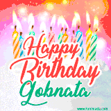 Bright birthday candles with rainbow flames on a cake, alongside the text 'Happy Birthday Gobnata' in vibrant script in this celebratory animated GIF.