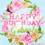 A charming animated GIF featuring 'Happy Birthday Gobnata' in pink and green text, surrounded by delicate roses, leaves, and fluttering butterflies on a soft light blue pastel background.
