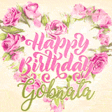 A stunning heart made of pink roses surrounds the elegant script text 'Happy Birthday Gobnata' on a soft beige background. Animated sparkles add a magical and festive feel.