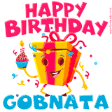 A vibrant and funny gift box character with a happy face dancing with a cupcake and the text 'Happy Birthday Gobnata,' surrounded by animated confetti and party vibes.