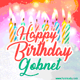 Bright birthday candles with rainbow flames on a cake, alongside the text 'Happy Birthday Gobnet' in vibrant script in this celebratory animated GIF.