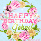 A charming animated GIF featuring 'Happy Birthday Gobnet' in pink and green text, surrounded by delicate roses, leaves, and fluttering butterflies on a soft light blue pastel background.