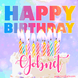 A vibrant animated name GIF with the words 'Happy Birthday Gobnet' with colorful candles on a creamy cake. The background sparkles with pastel shades, adding a festive touch.