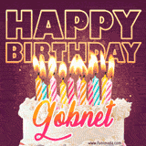 A colorful birthday cake topped with lit candles, with the words 'Happy Birthday Gobnet' in bold glowing letters on a burgundy background. Animated flames add a festive touch.