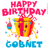 A vibrant and funny gift box character with a happy face dancing with a cupcake and the text 'Happy Birthday Gobnet,' surrounded by animated confetti and party vibes.