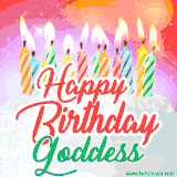 Bright birthday candles with rainbow flames on a cake, alongside the text 'Happy Birthday Goddess' in vibrant script in this celebratory animated GIF.