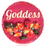 Beautifully decorated red velvet berry birthday cake with vibrant fruits and a glowing 'Goddess' name, adding a touch of sweetness and sparkle.