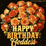 Animated bouquet of orange roses with moving butterfles and golden 'Happy Birthday Goddess' text, surrounded by sparkling accents and a dark backdrop for a luxurious feel.