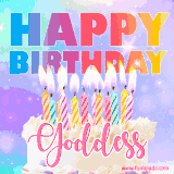 A vibrant animated name GIF with the words 'Happy Birthday Goddess' with colorful candles on a creamy cake. The background sparkles with pastel shades, adding a festive touch.