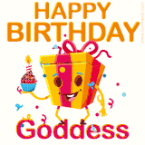 A vibrant and funny gift box character with a happy face dancing with a cupcake and the text 'Happy Birthday Goddess,' surrounded by animated confetti and party vibes.