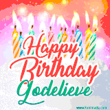 Bright birthday candles with rainbow flames on a cake, alongside the text 'Happy Birthday Godelieve' in vibrant script in this celebratory animated GIF.
