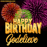 A golden 'Happy Birthday Godelieve' message with vibrant fireworks in the background, creating a festive and celebratory vibe in this animated name GIF.
