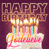 A colorful birthday cake topped with lit candles, with the words 'Happy Birthday Godelieve' in bold glowing letters on a burgundy background. Animated flames add a festive touch.