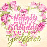 A stunning heart made of pink roses surrounds the elegant script text 'Happy Birthday Godelieve' on a soft beige background. Animated sparkles add a magical and festive feel.