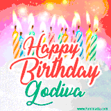 Bright birthday candles with rainbow flames on a cake, alongside the text 'Happy Birthday Godiva' in vibrant script in this celebratory animated GIF.