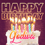 A colorful birthday cake topped with lit candles, with the words 'Happy Birthday Godiva' in bold glowing letters on a burgundy background. Animated flames add a festive touch.