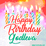Bright birthday candles with rainbow flames on a cake, alongside the text 'Happy Birthday Godleva' in vibrant script in this celebratory animated GIF.