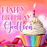 A vibrant birthday GIF featuring a rainbow-colored cupcake topped with white frosting, sprinkles, and a lit candle. The text reads 'Happy Birthday Godleva' in bold pink and violet letters with white outline.