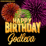 A golden 'Happy Birthday Godleva' message with vibrant fireworks in the background, creating a festive and celebratory vibe in this animated name GIF.