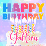 A vibrant animated name GIF with the words 'Happy Birthday Godleva' with colorful candles on a creamy cake. The background sparkles with pastel shades, adding a festive touch.