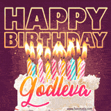 A colorful birthday cake topped with lit candles, with the words 'Happy Birthday Godleva' in bold glowing letters on a burgundy background. Animated flames add a festive touch.