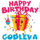 A vibrant and funny gift box character with a happy face dancing with a cupcake and the text 'Happy Birthday Godleva,' surrounded by animated confetti and party vibes.
