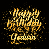 Animated GIF with colorful, festive 'Happy Birthday Godwin' text decorated with patterns, a party hat, and falling confetti. A vibrant and cheerful design for birthday celebrations.