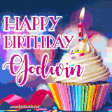 A festive animated GIF featuring a colorful cupcake with a single lit candle, sprinkles, and 'Happy Birthday Godwin' text against a sparkling, celebratory background.