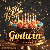 Custom birthday ecard for Godwin showing a gourmet chocolate cake on a dark background with golden star sparkles.