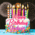 Amazing Animated GIF Image for Godwin with Birthday Cake and Fireworks