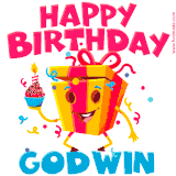 A funny animated birthday GIF with the words 'Happy Birthday Godwina', colorful gift box with arms and legs, holding a cupcake with a lit candle  with confetti everywhere.