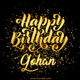 Animated GIF with colorful, festive 'Happy Birthday Gohan' text decorated with patterns, a party hat, and falling confetti. A vibrant and cheerful design for birthday celebrations.