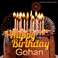 A rich chocolate cake topped with glowing birthday candles and surrounded by bright fireworks. The animated GIF displays the message 'Happy Birthday Gohan' in golden text.