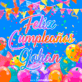 A vibrant animated GIF with 'Feliz Cumpleaños Gohan' written in colorful script, surrounded by balloons, confetti, and bunting on a bright blue background.