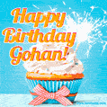 A cheerful animated GIF of a cupcake with creamy frosting, a red checkered ribbon, and a bright sparkler on top. The text 'Happy Birthday Gohan!' is displayed in vibrant orange and red.