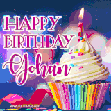 A festive animated GIF featuring a colorful cupcake with a single lit candle, sprinkles, and 'Happy Birthday Gohan' text against a sparkling, celebratory background.