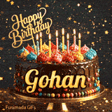 Flickering candles of different colors on top of a chocolate glaze cake with Gohan's name in elegant writing.