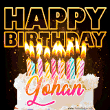A vibrant animated GIF featuring a delicious birthday cake topped with glowing candles and the name 'Gohan' in elegant script, and the words 'Happy Birthday' on the black background.