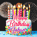 A lively happy birthday animated GIF showcasing a colorful birthday cake covered in sprinkles, topped with glowing candles, and surrounded by vibrant fireworks. The name 'Gohan' is featured in elegant script.