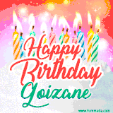 Bright birthday candles with rainbow flames on a cake, alongside the text 'Happy Birthday Goizane' in vibrant script in this celebratory animated GIF.