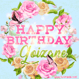 A charming animated GIF featuring 'Happy Birthday Goizane' in pink and green text, surrounded by delicate roses, leaves, and fluttering butterflies on a soft light blue pastel background.