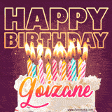 A colorful birthday cake topped with lit candles, with the words 'Happy Birthday Goizane' in bold glowing letters on a burgundy background. Animated flames add a festive touch.