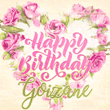A stunning heart made of pink roses surrounds the elegant script text 'Happy Birthday Goizane' on a soft beige background. Animated sparkles add a magical and festive feel.