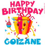 A vibrant and funny gift box character with a happy face dancing with a cupcake and the text 'Happy Birthday Goizane,' surrounded by animated confetti and party vibes.